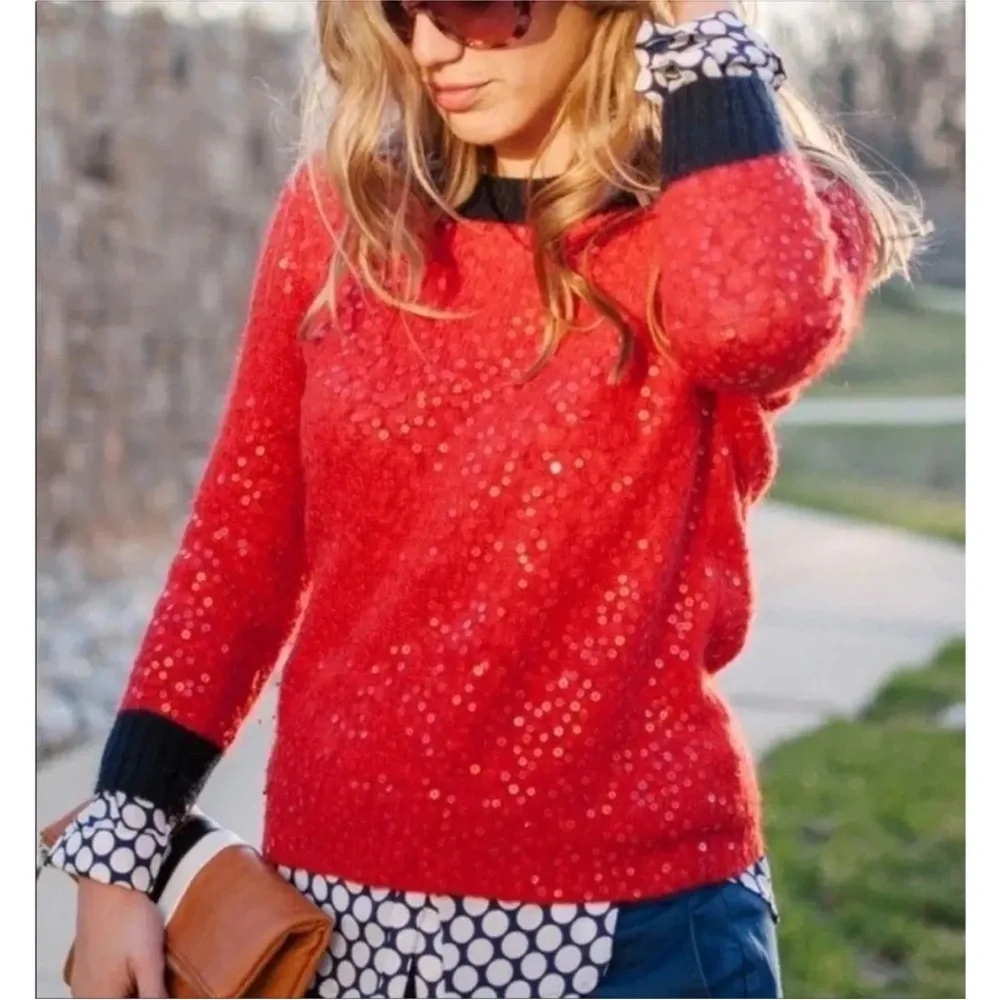 J. Crew Red & Navy Sequin Wool Mohair Blend Crewneck Sweater Small